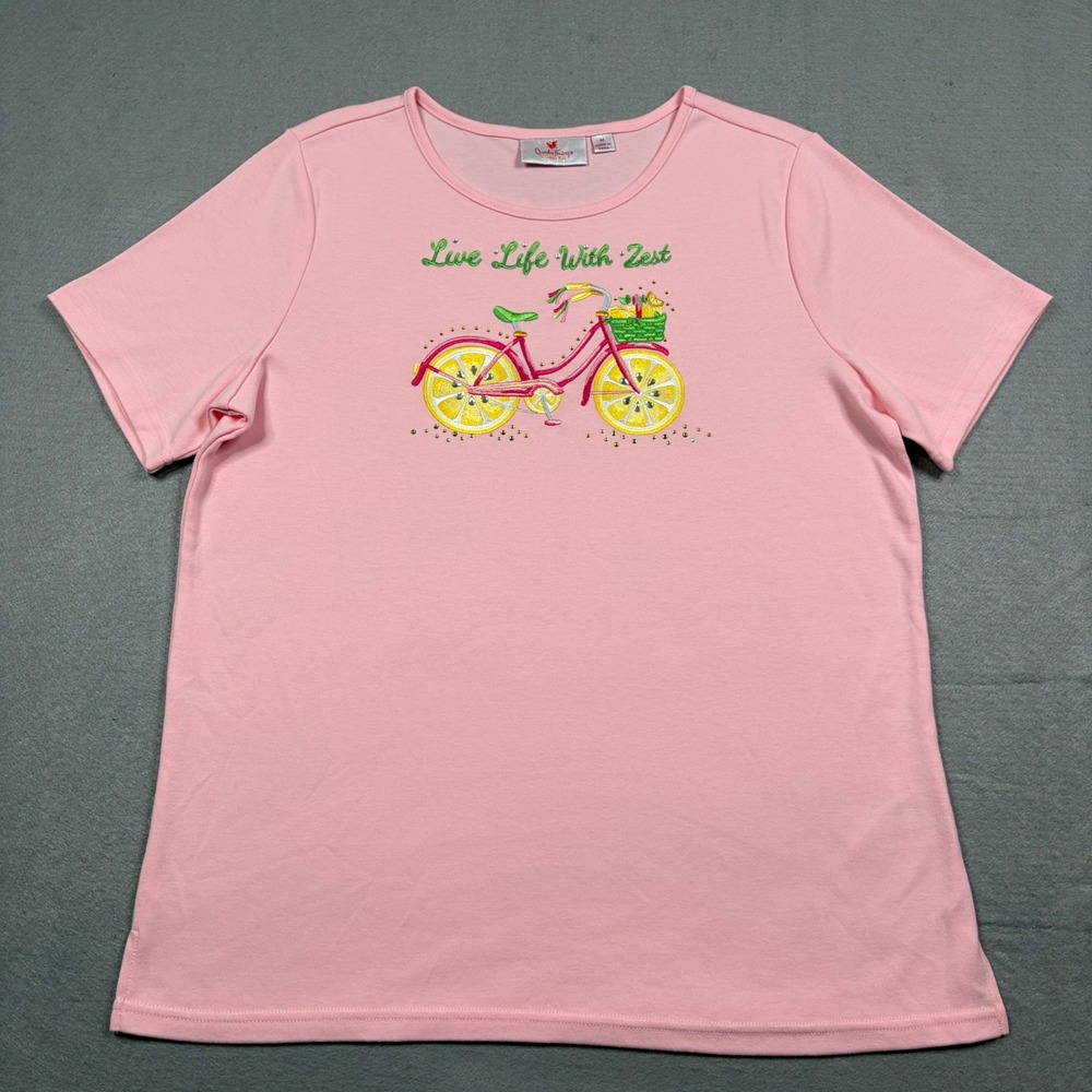 Quacker Factory Lemon Bicycle Embroidered T-Shirt Medium